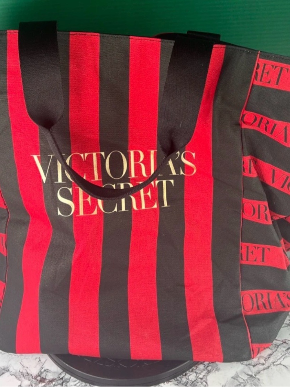 Victoria's Secret Red and Black Striped Logo Tote